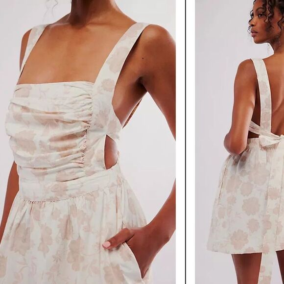 FREE PEOPLE Meet Me In Maui Pink/Ivory Dress fit& flare bow backless Large NWT - Picture 4 of 17